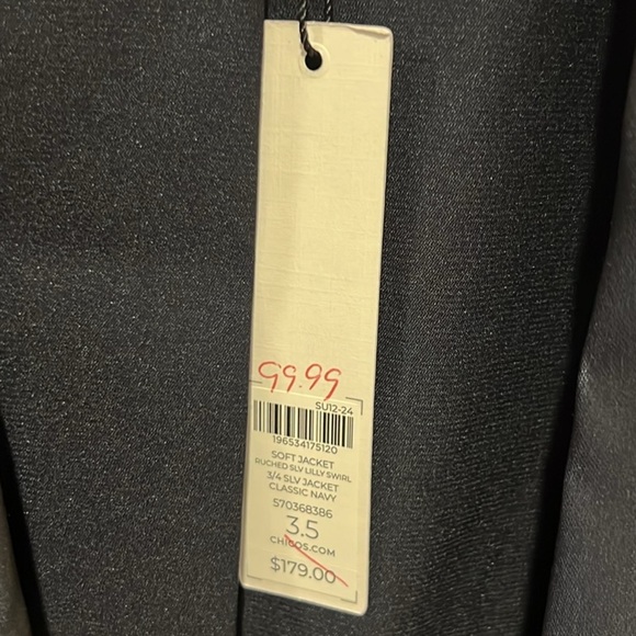 Chicos navy floral ruched sleeve soft open front blazer jacket size 3.5 XL - Picture 8 of 13